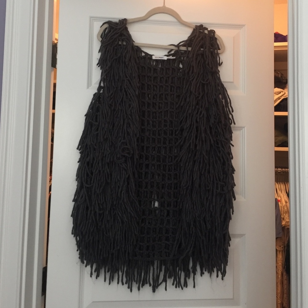 Blu Pepper Charcoal Gray Fringe Open-Knit Vest